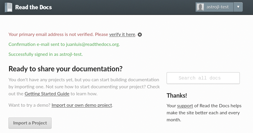 Read the Docs empty dashboard
